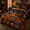 Personalized Highland Cow Quilt Bedding Set, Custom Name, Autumn Farmhouse Style
