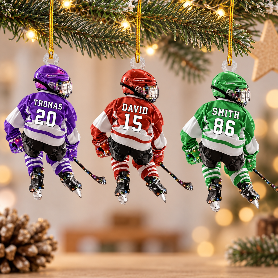 Personalized Hockey Player Christmas Ornament, Custom Name & Number Gift