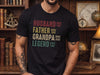 Black personalized husband father grandpa legend shirt with custom milestone years printed in vintage multicolor bold text