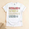 White personalized husband father grandpa legend shirt with custom milestone years printed in vintage multicolor bold text
