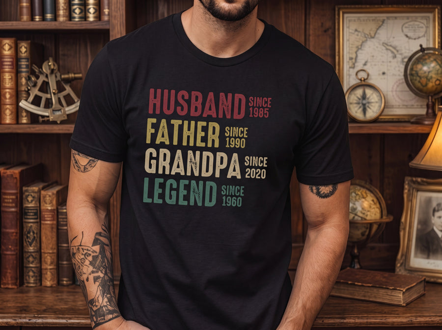 Black personalized husband father grandpa legend shirt with custom milestone years printed in vintage multicolor bold text