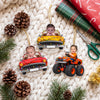 Personalized kid face car ornament with custom name on helmet, shaped acrylic race car design with Christmas lights, three color options