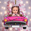 Personalized kid face car ornament with custom name on helmet, shaped acrylic race car design with Christmas lights, three color options