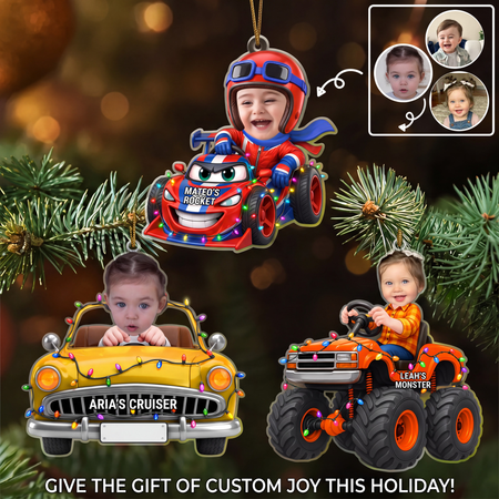 Personalized Kid Face Car Ornament, Custom Name Racing Gift
