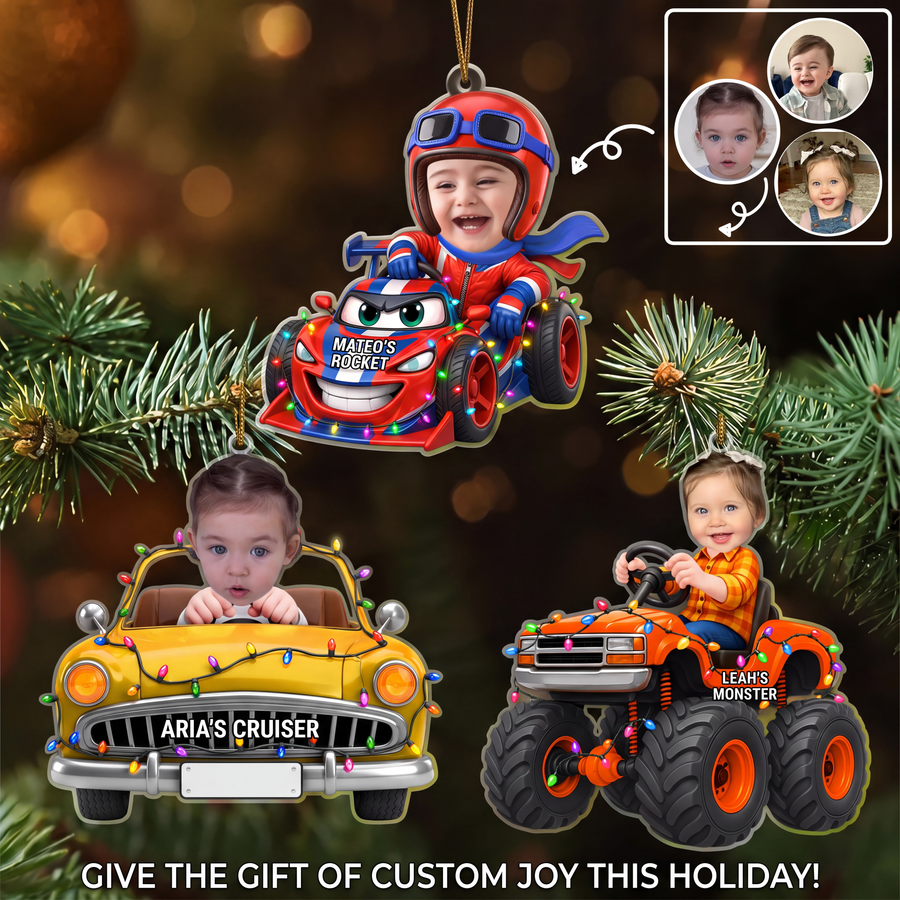 Personalized kid face car ornament with custom name on helmet, shaped acrylic race car design with Christmas lights, three color options