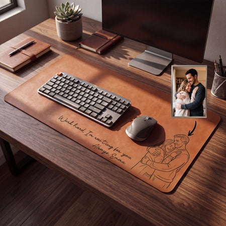 Personalized Leather Desk Mat From Photo, Custom Line Art Dad Gift