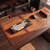 Personalized leather desk mat featuring a custom line art portrait of a father and child drawn from a photo, with the message 'I love you Daddy, James'