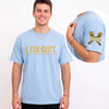 Blue personalized mechanic shirt for men with gold I Fix Sht print and custom name on the sleeve with crossed wrenches