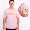 Pink personalized mechanic shirt for men with gold I Fix Sht print and custom name on the sleeve with crossed wrenches