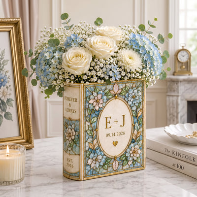 Personalized Ceramic Book Vase, Custom Names Wedding Gift