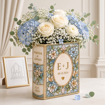 Personalized Ceramic Book Vase, Custom Names Wedding Gift