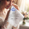 Personalized wedding handkerchief for bride with custom name, blue floral print and lace edge, something blue gift