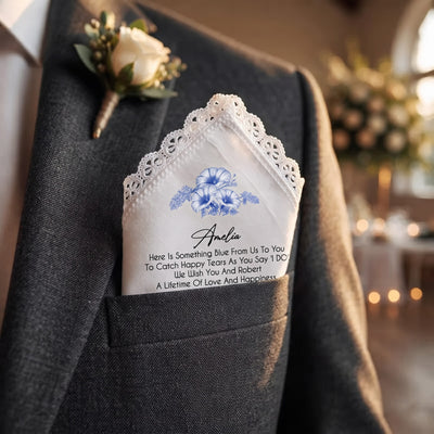 Personalized wedding handkerchief for bride with custom name, blue floral print and lace edge, something blue gift