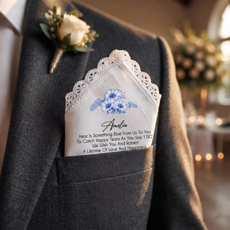 Personalized Wedding Handkerchief for Bride, Custom Name Blue Floral