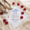 Personalized wedding handkerchief for bride with custom name, blue floral print and lace edge, something blue gift