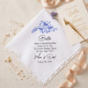 Personalized wedding handkerchief for bride with custom name, blue floral print and lace edge, something blue gift