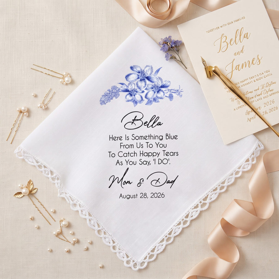 Personalized wedding handkerchief for bride with custom name, blue floral print and lace edge, something blue gift