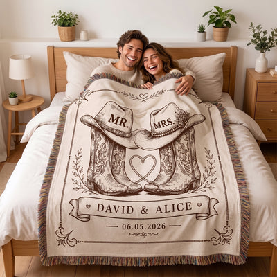 Personalized Western Cowboy Couple Blanket, Custom Names Tassel Throw