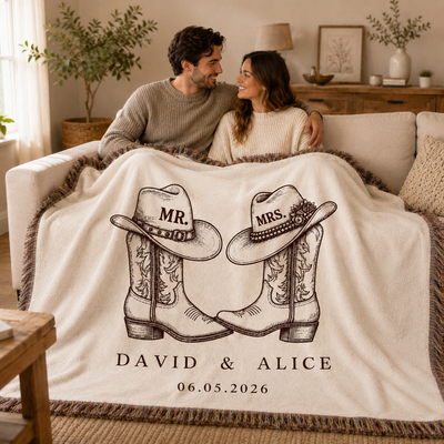 Personalized Western Cowboy Couple Blanket, Custom Names, Tassel Throw, Wedding Gift