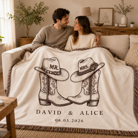 Personalized Western Cowboy Couple Blanket, Custom Names, Tassel Throw, Wedding Gift