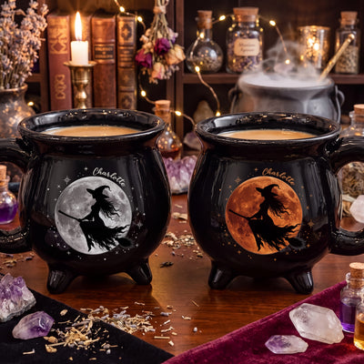 Personalized witch cauldron mug with flying witch and full moon silhouette design and custom name in gold script