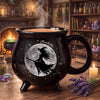 Personalized witch cauldron mug with flying witch and full moon silhouette design and custom name in gold script