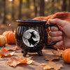 Personalized witch cauldron mug with flying witch and full moon silhouette design and custom name in gold script