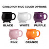 Personalized witch cauldron mug with flying witch and full moon silhouette design and custom name in gold script