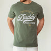 milytarygreen unisex t-shirt with promoted to daddy est 2026 varsity-style graphic in white distressed lettering