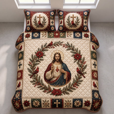 Sacred Heart of Jesus Quilt Set, Cardinal Christmas Bedding