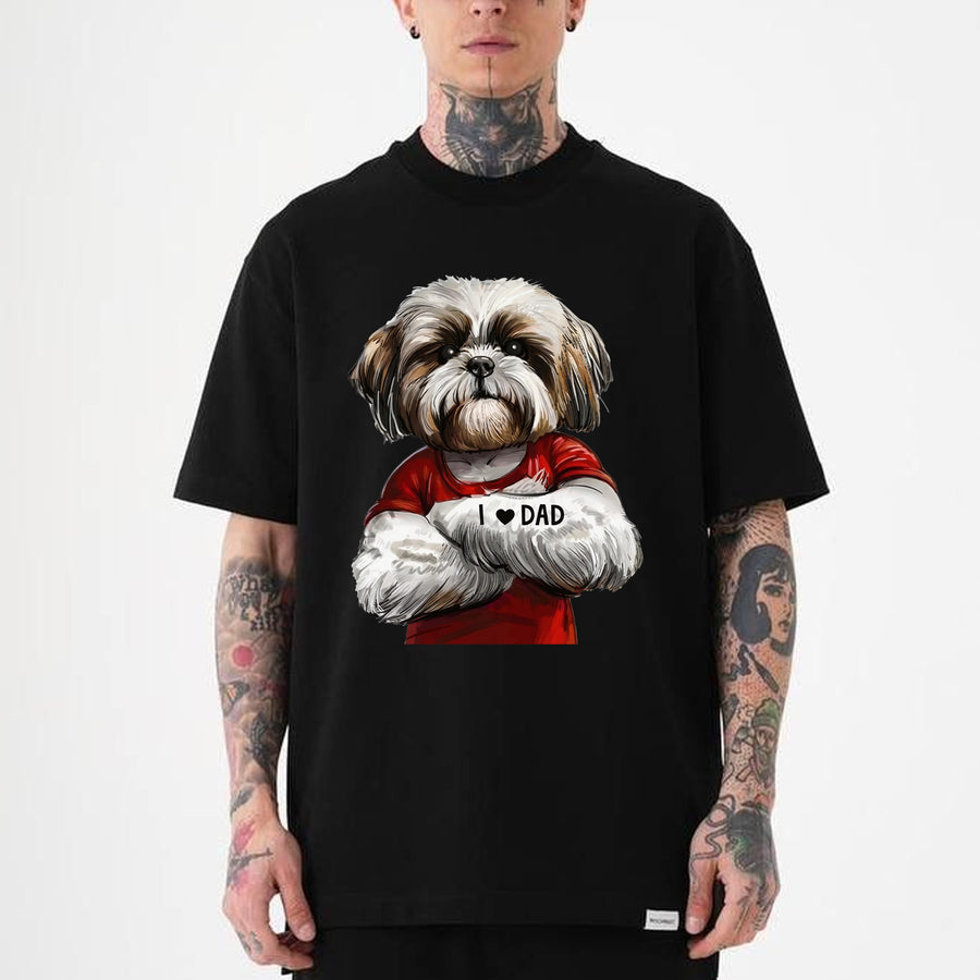 Shih Tzu Dad T-Shirt featuring a fluffy Shih Tzu in a red shirt with arms crossed and I Love Dad text