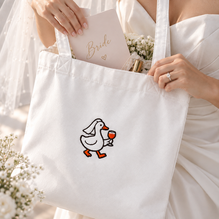 Silly Goose Bride Walking With Wine - Embroidered Tote Bag