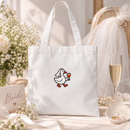 Silly Goose Bride Walking With Wine - Embroidered Tote Bag