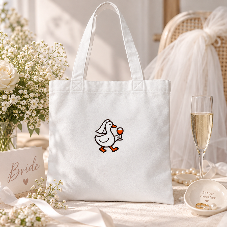 Silly Goose Bride Walking With Wine - Embroidered Tote Bag