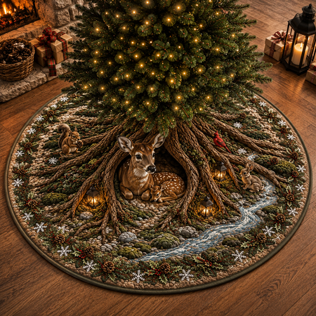 Woodland Christmas Tree Skirt, Quilted Forest Deer Scene