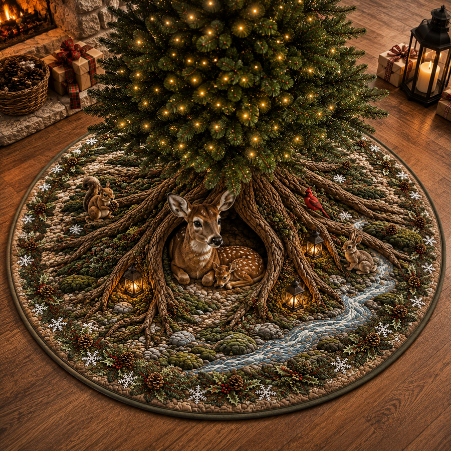 Woodland Christmas Tree Skirt, Quilted Forest Deer Scene