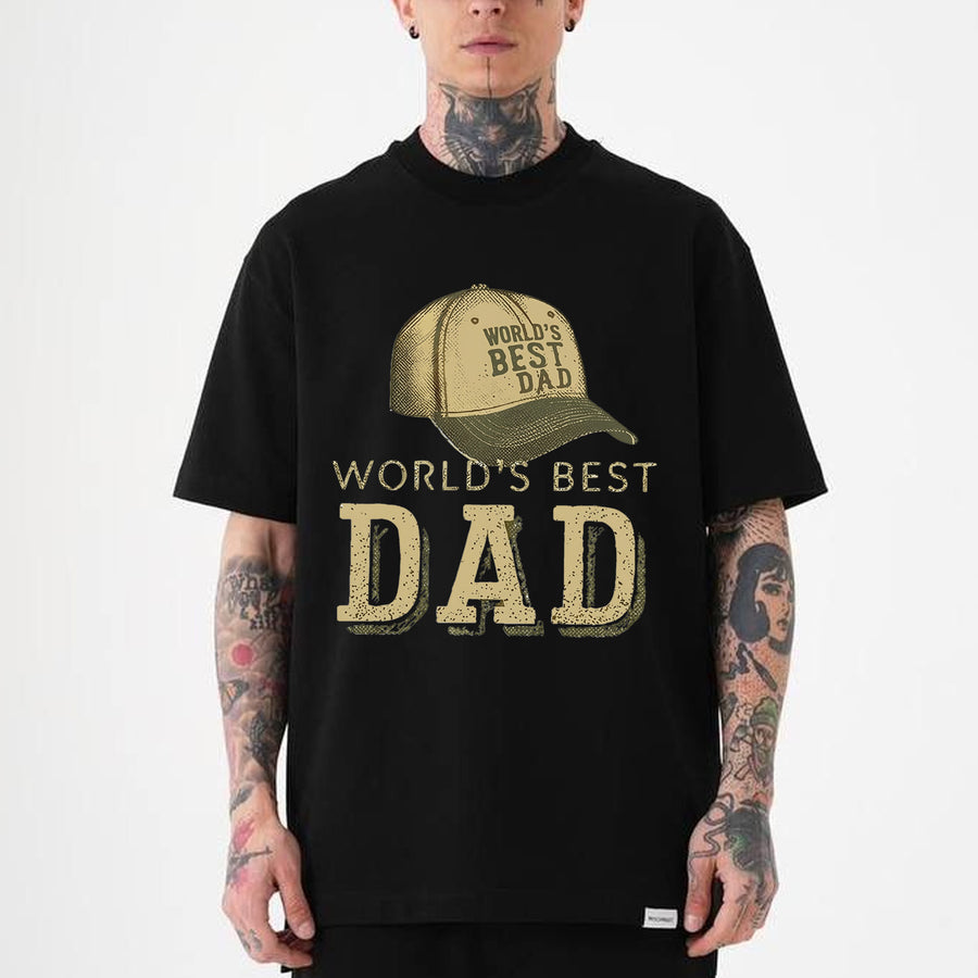 BLACK unisex t-shirt with a vintage-style baseball cap graphic and 'World's Best Dad' text in retro olive lettering